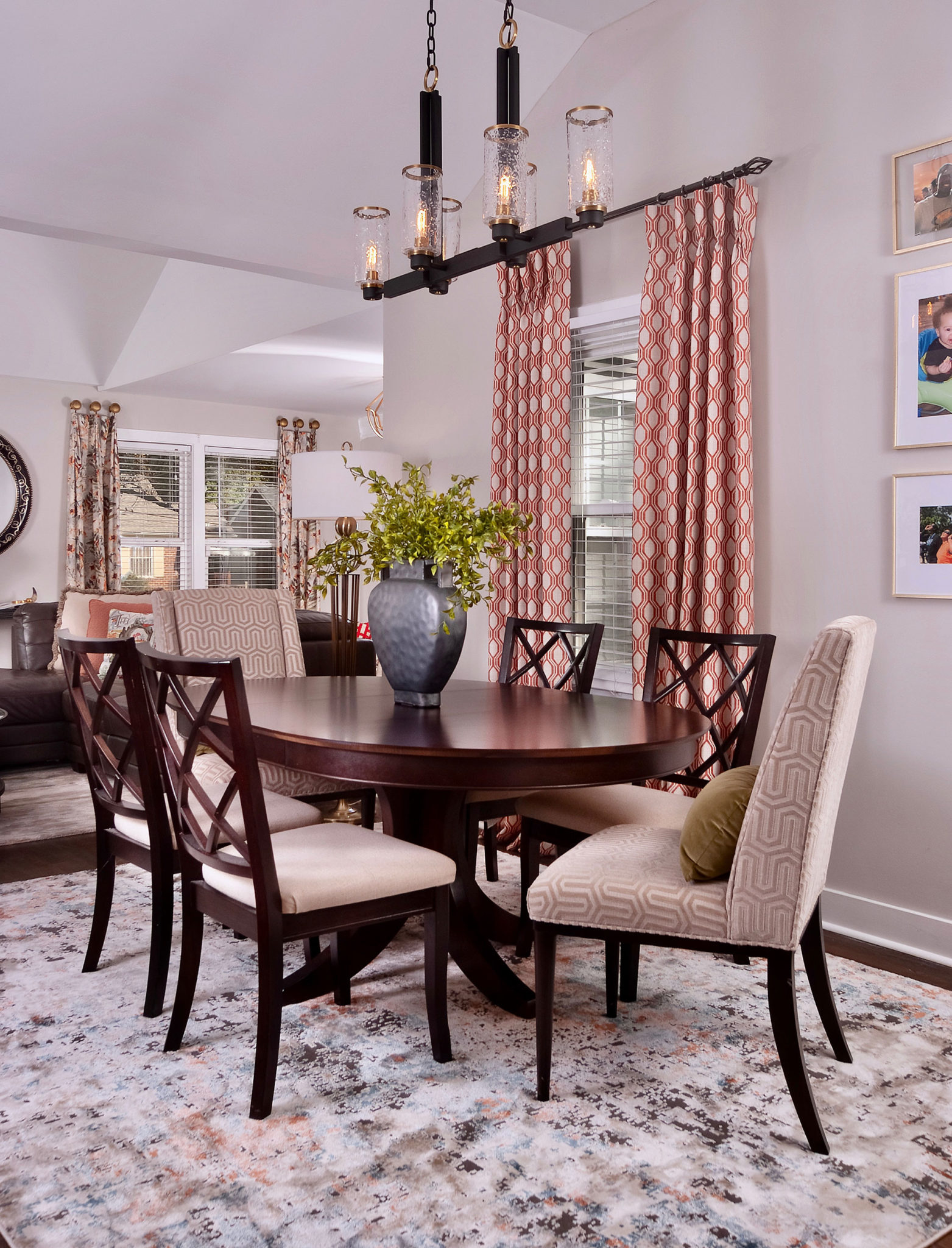 dining space with colorful window treatments