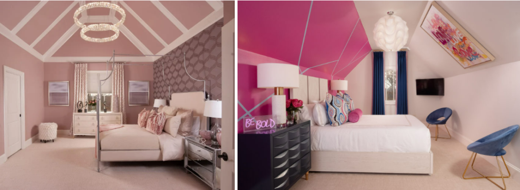 hot pink room with chandelier